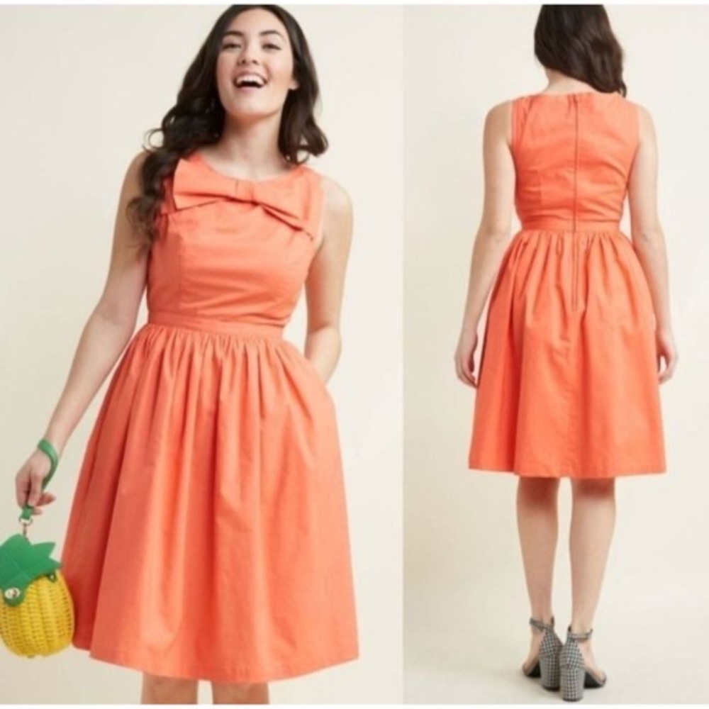 ModCloth Coral Revel and Relish Bow Detail Fit and Flare Pocket Dress